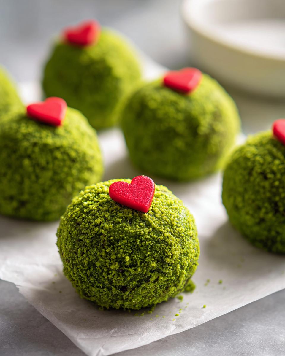 Close-up of vibrant green Grinch Oreo Balls coated in green crumbs, each topped with a small red heart candy.