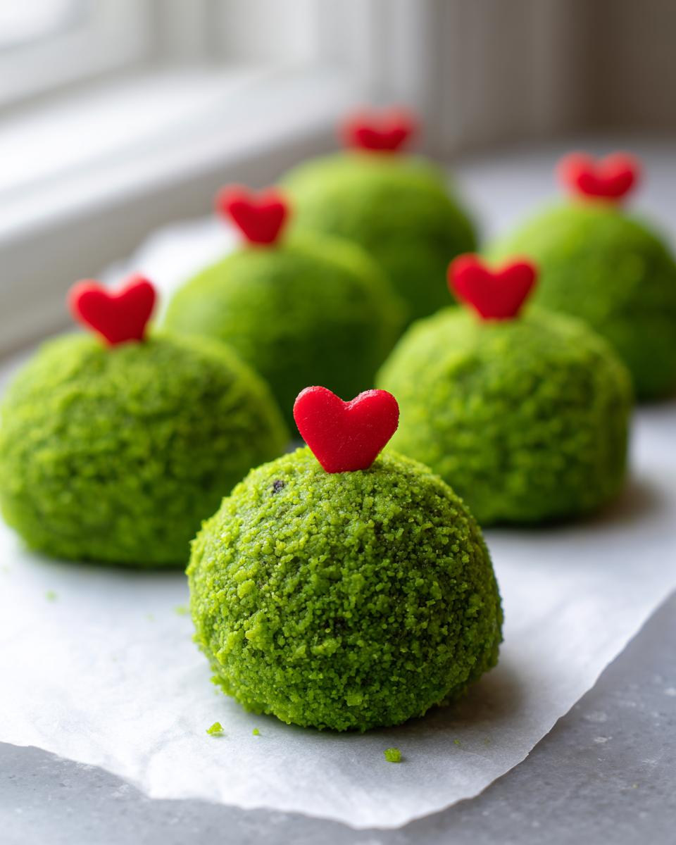 Several bright green grinch oreo balls coated in crumbs, each topped with a small red candy heart.