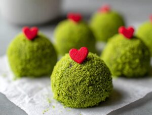 Close-up of several bright green, textured grinch oreo balls, each topped with a small red heart candy.