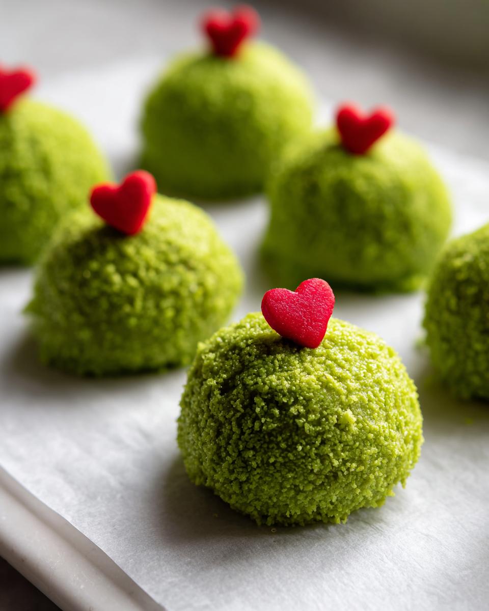 Close-up of several bright green, textured grinch oreo balls topped with small red candy hearts.