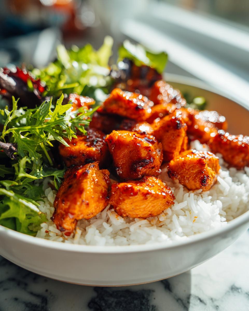 Close-up of a white bowl filled with white rice, topped with bright orange, glazed harissa chicken pieces and fresh mixed greens.