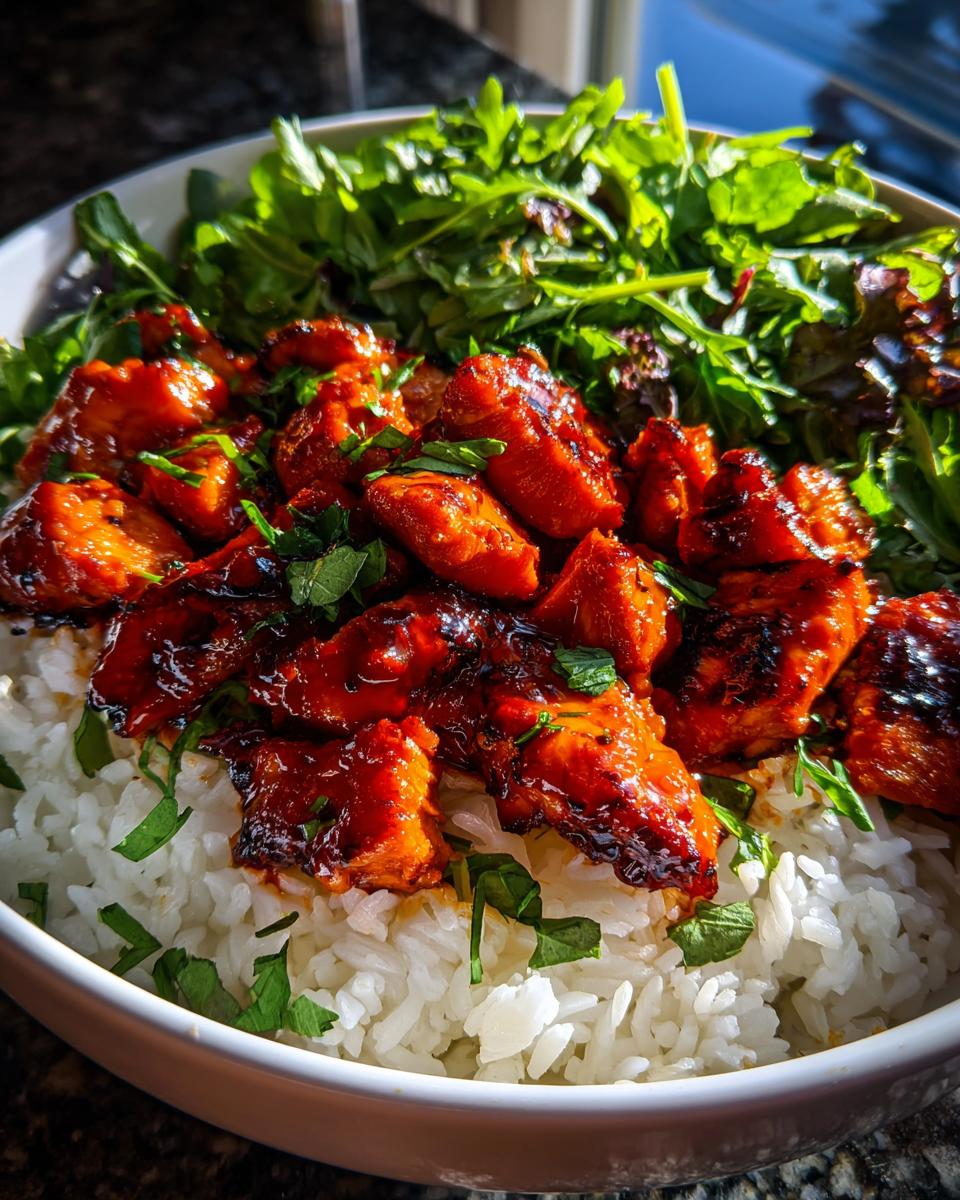 A bowl featuring glazed, bright red harissa chicken served over white rice, topped with fresh greens and parsley.