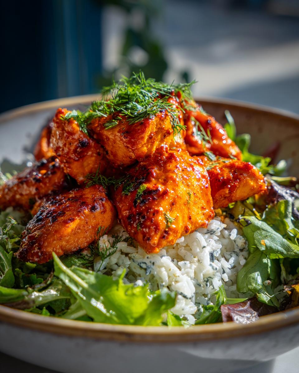 Close-up of a bowl featuring bright orange harissa chicken pieces over rice mixed with blue cheese, surrounded by fresh greens and topped with dill.