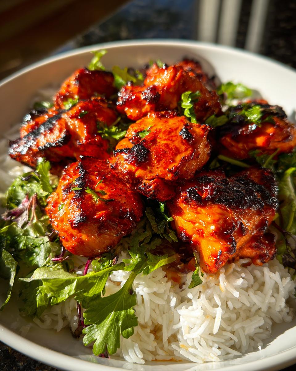 Close-up of vibrant, charred harissa chicken pieces served over fluffy white rice and fresh greens.