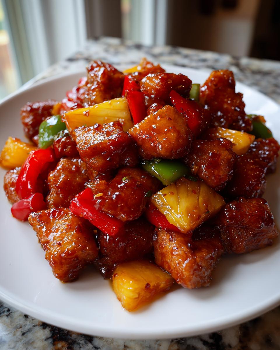 Close-up of glazed, saucy chunks of Hawaiian chicken sheet pan ingredients mixed with pineapple chunks and bell peppers.