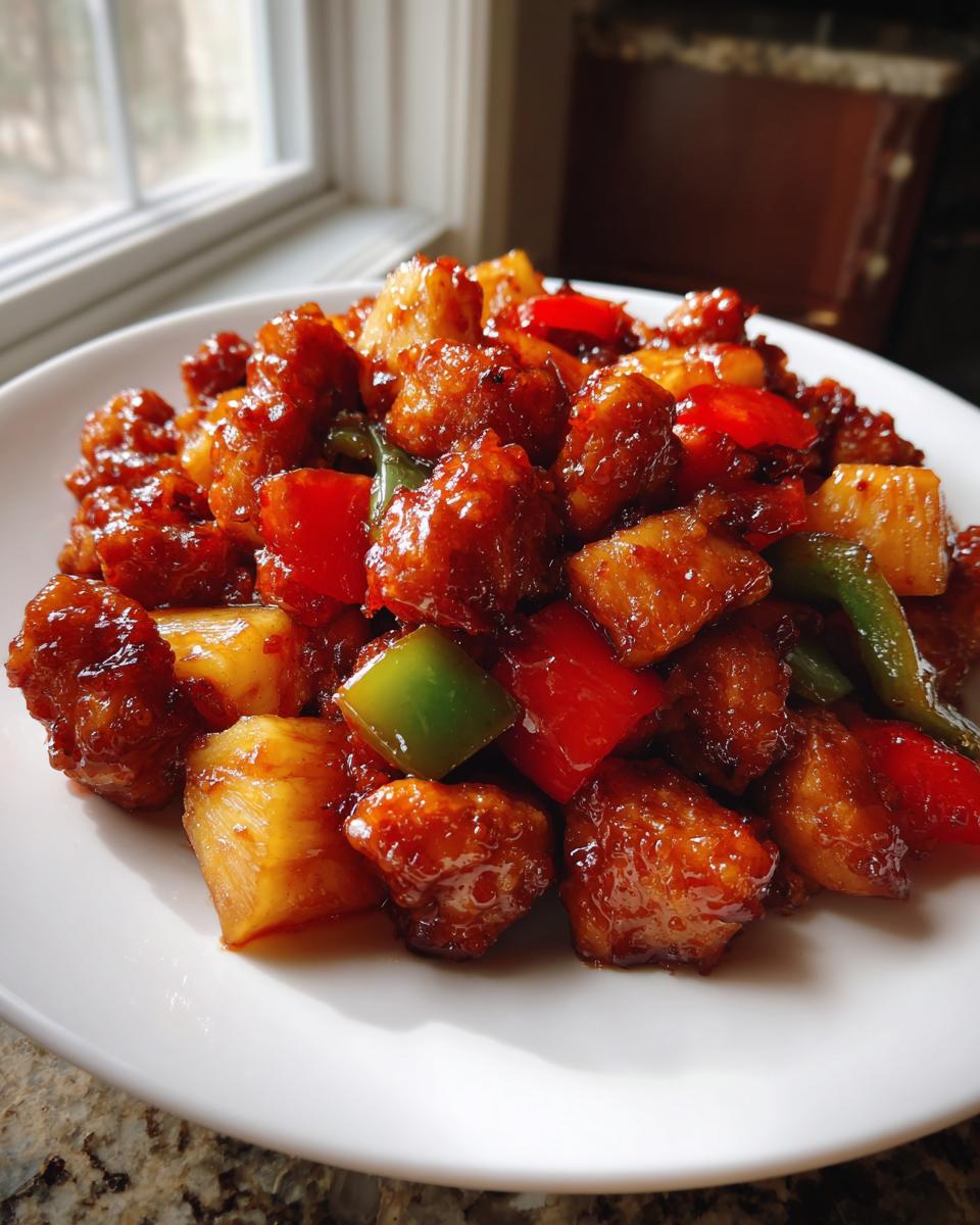 Close-up of glossy, saucy hawaiian chicken sheet pan pieces mixed with pineapple and bell peppers.