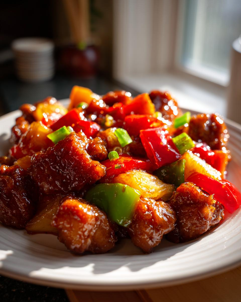 Close-up of glazed chicken pieces mixed with pineapple, red, and green peppers, resembling hawaiian chicken sheet pan ingredients.