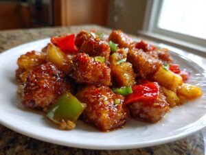 Close-up of sticky, glazed Hawaiian chicken pieces mixed with pineapple and bell peppers.