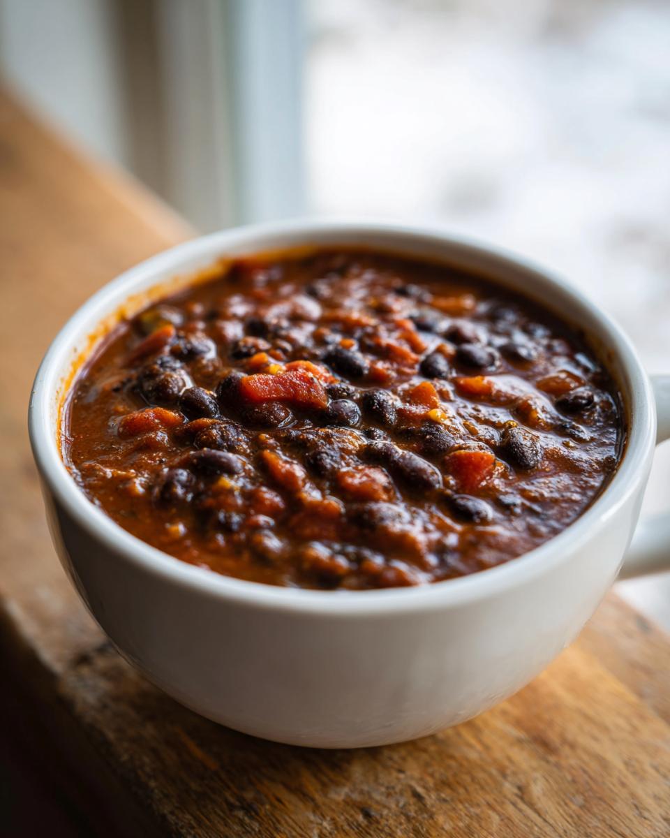 Close-up of a white mug filled with rich, dark black bean chili, set on a wooden surface near a bright window.