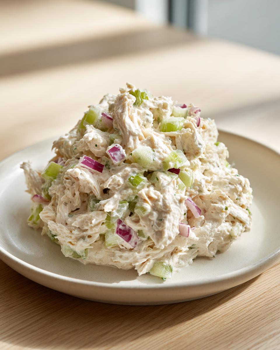 A generous scoop of creamy cottage cheese chicken salad mixed with celery and red onion on a light plate.