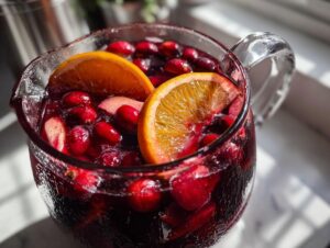 Close-up of a glass pitcher filled with rich red holiday sangria, garnished with bright orange slices and whole cranberries.