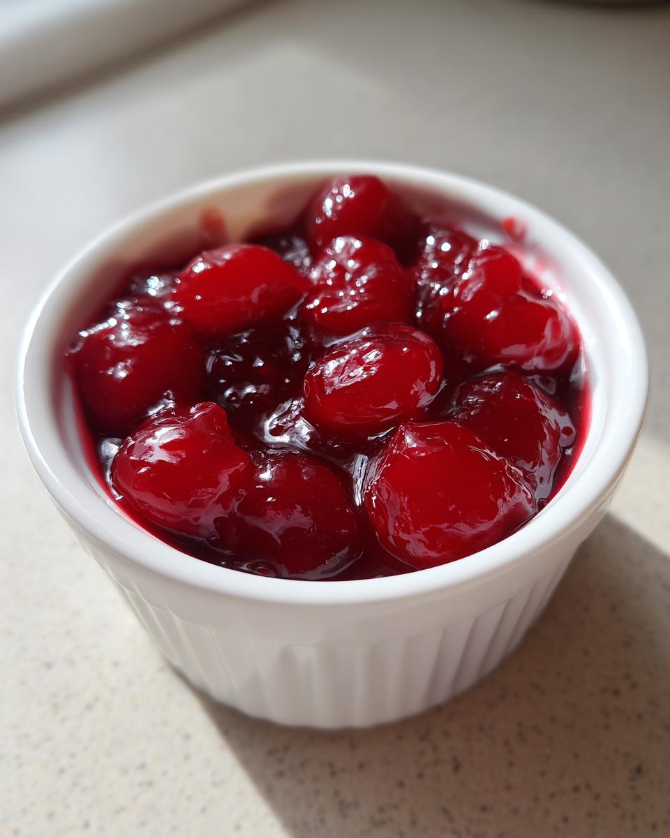 Close-up of bright red, glossy homemade cherry pie filling served in a small white ramekin dish.