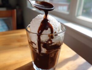 A spoon drips rich, homemade chocolate syrup over a scoop of vanilla ice cream in a glass.