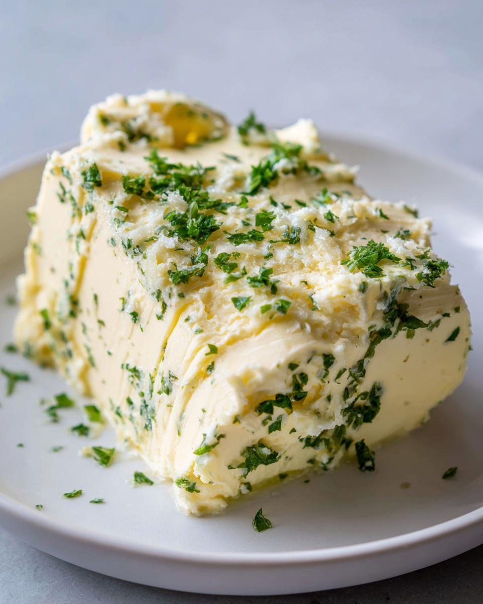 A thick block of homemade garlic butter, generously coated with chopped green herbs like parsley.