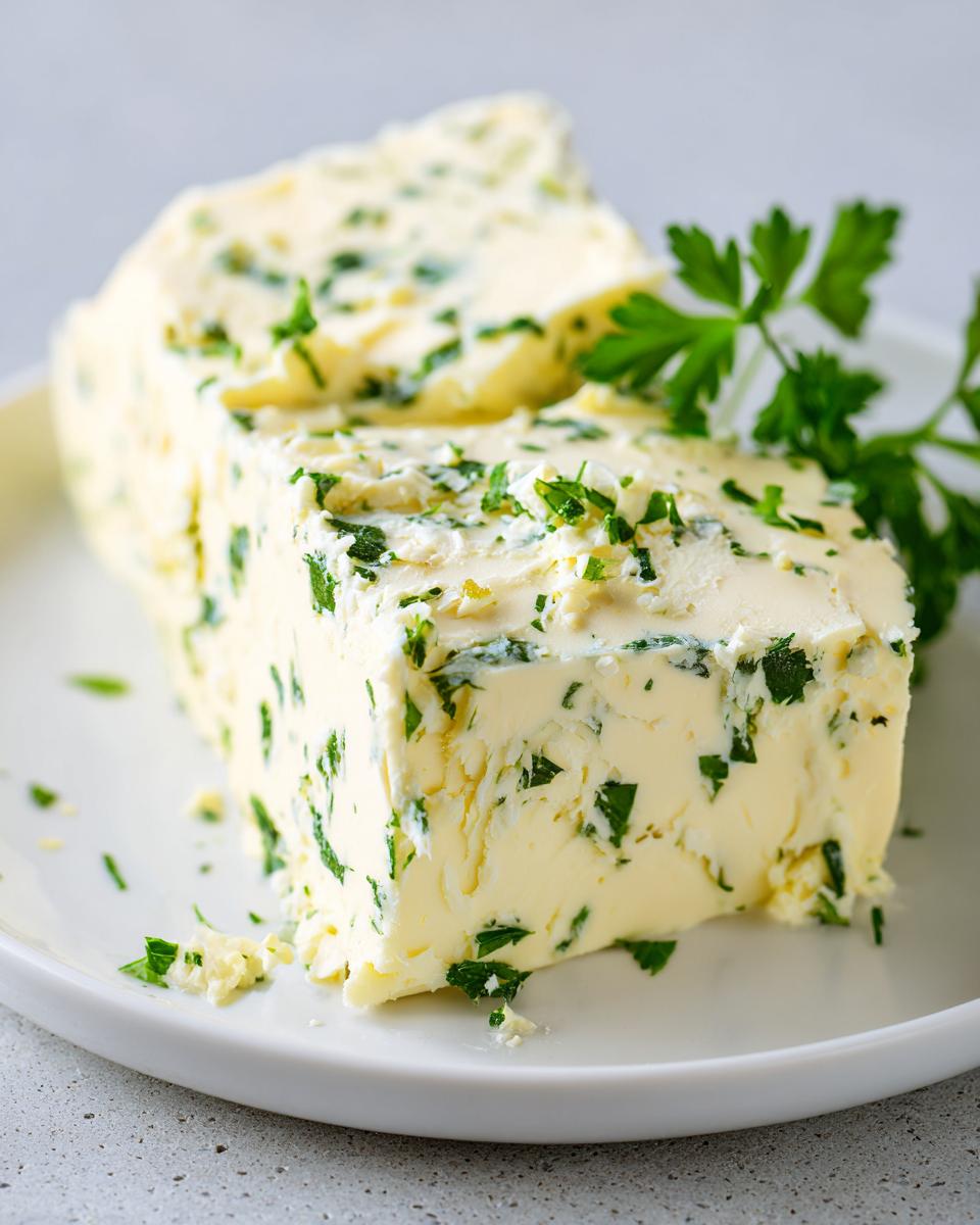 A block of homemade garlic butter studded with chopped green herbs, likely parsley, resting on a white plate.