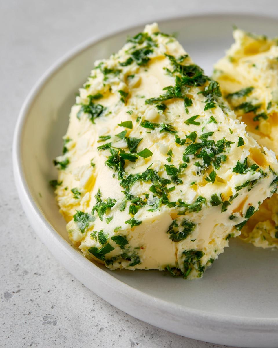 Close-up of rich, yellow homemade garlic butter studded with minced garlic and fresh green parsley.