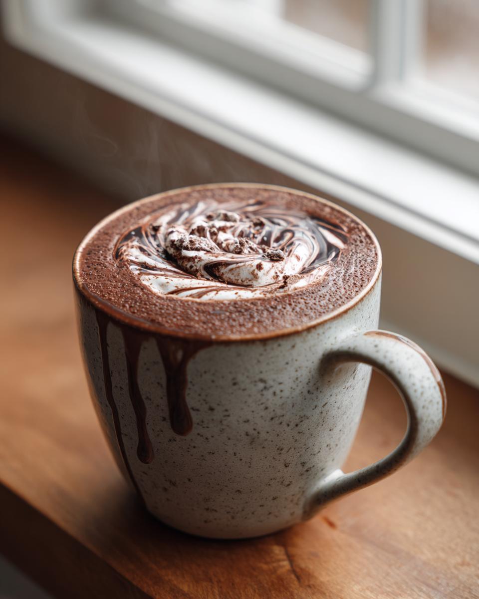 Close-up of rich homemade hot cocoa in a speckled mug, topped with whipped cream and chocolate drizzle.