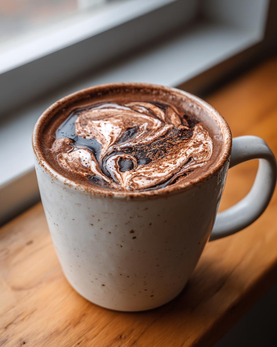 Close-up of rich homemade hot cocoa in a speckled mug with a beautiful chocolate and cream swirl topping.