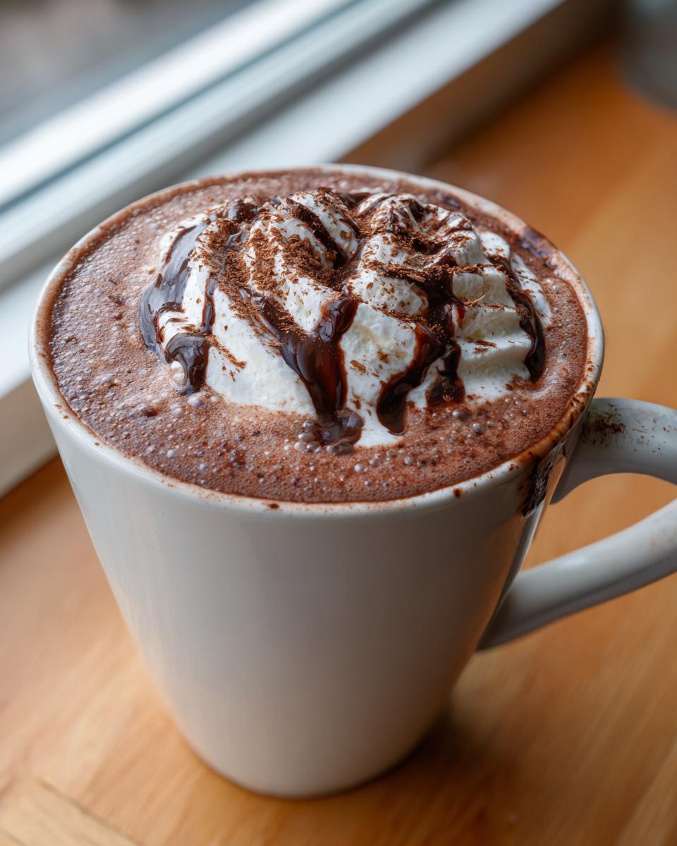 Close-up of a mug filled with rich homemade hot cocoa topped with whipped cream and chocolate drizzle.