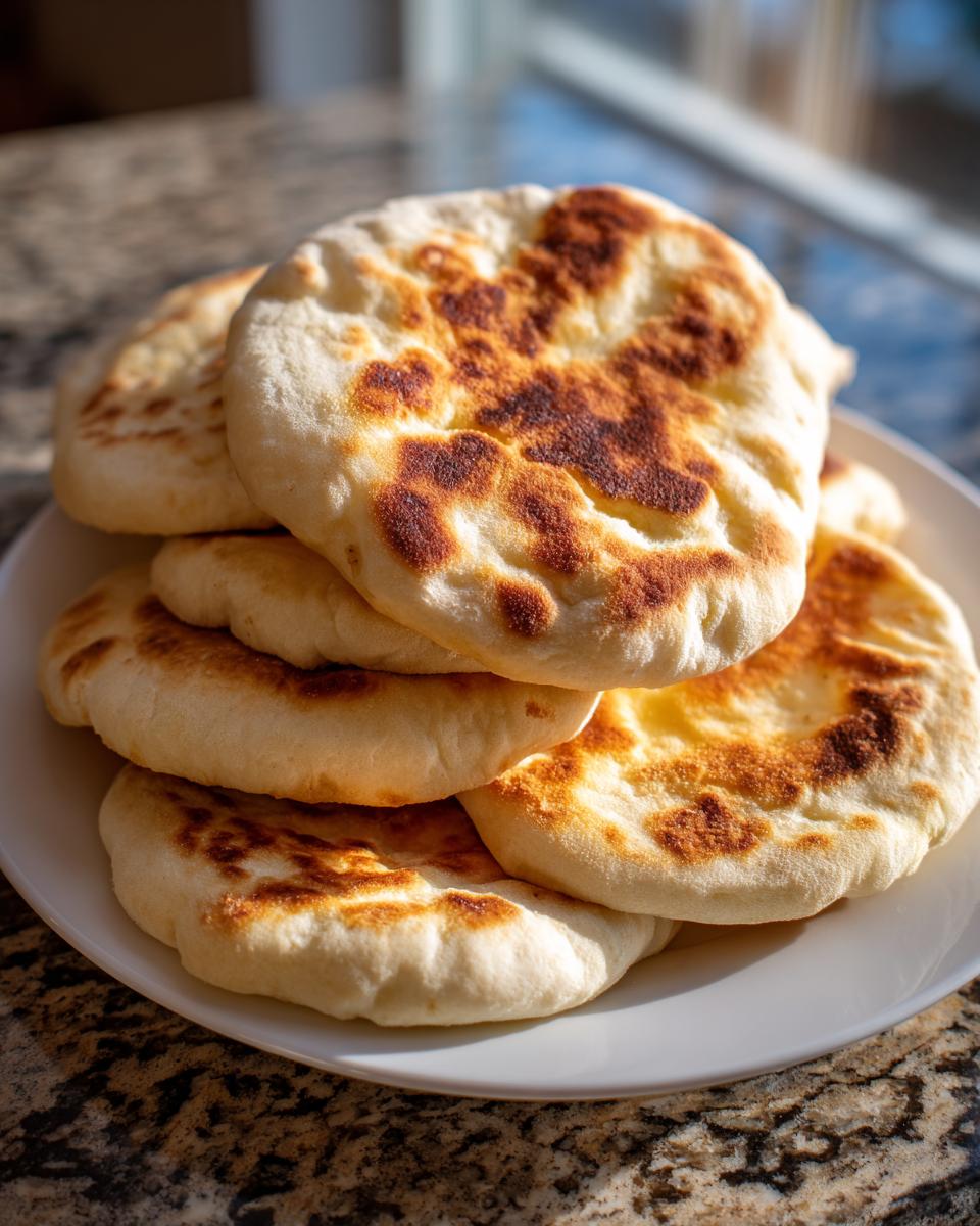 A stack of freshly made, fluffy pita bread pockets with golden-brown charred spots piled on a white plate.