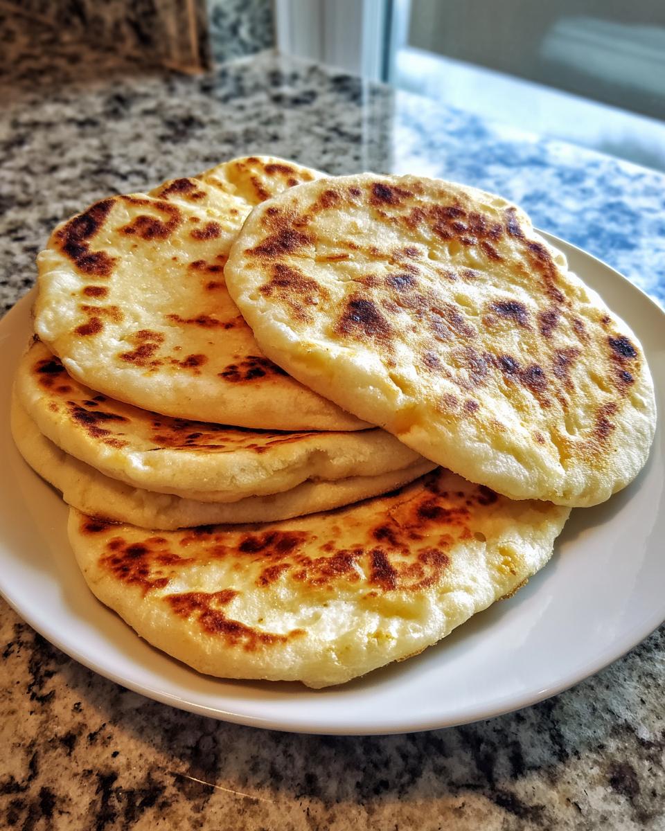 A stack of four golden-brown, freshly cooked pita bread pockets resting on a white plate.