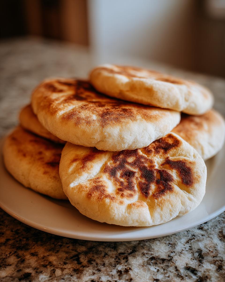 A stack of soft, round, homemade pita bread pockets with golden-brown charred spots, resting on a white plate.