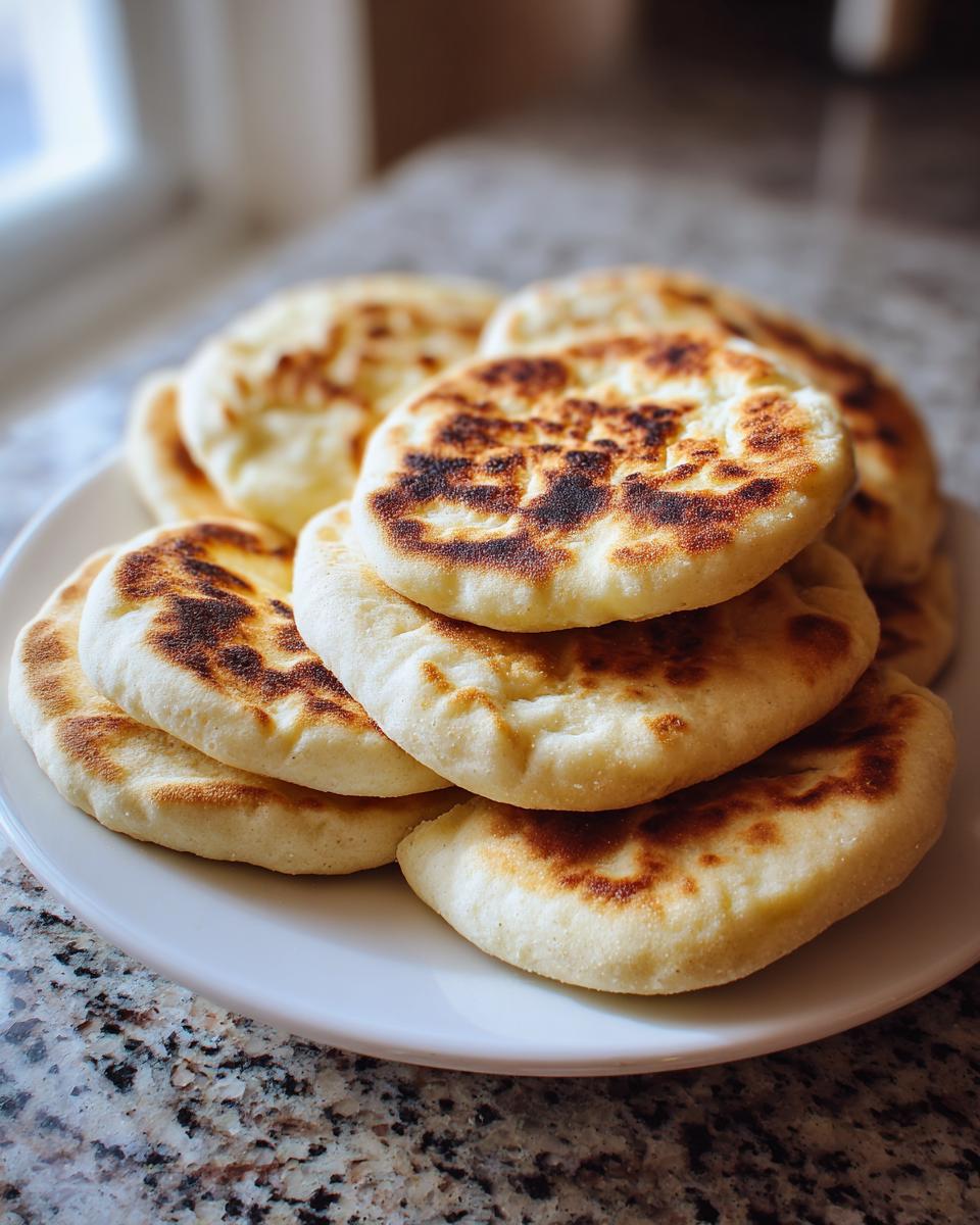 A stack of freshly cooked, round pita bread with golden-brown charred spots piled on a white plate.