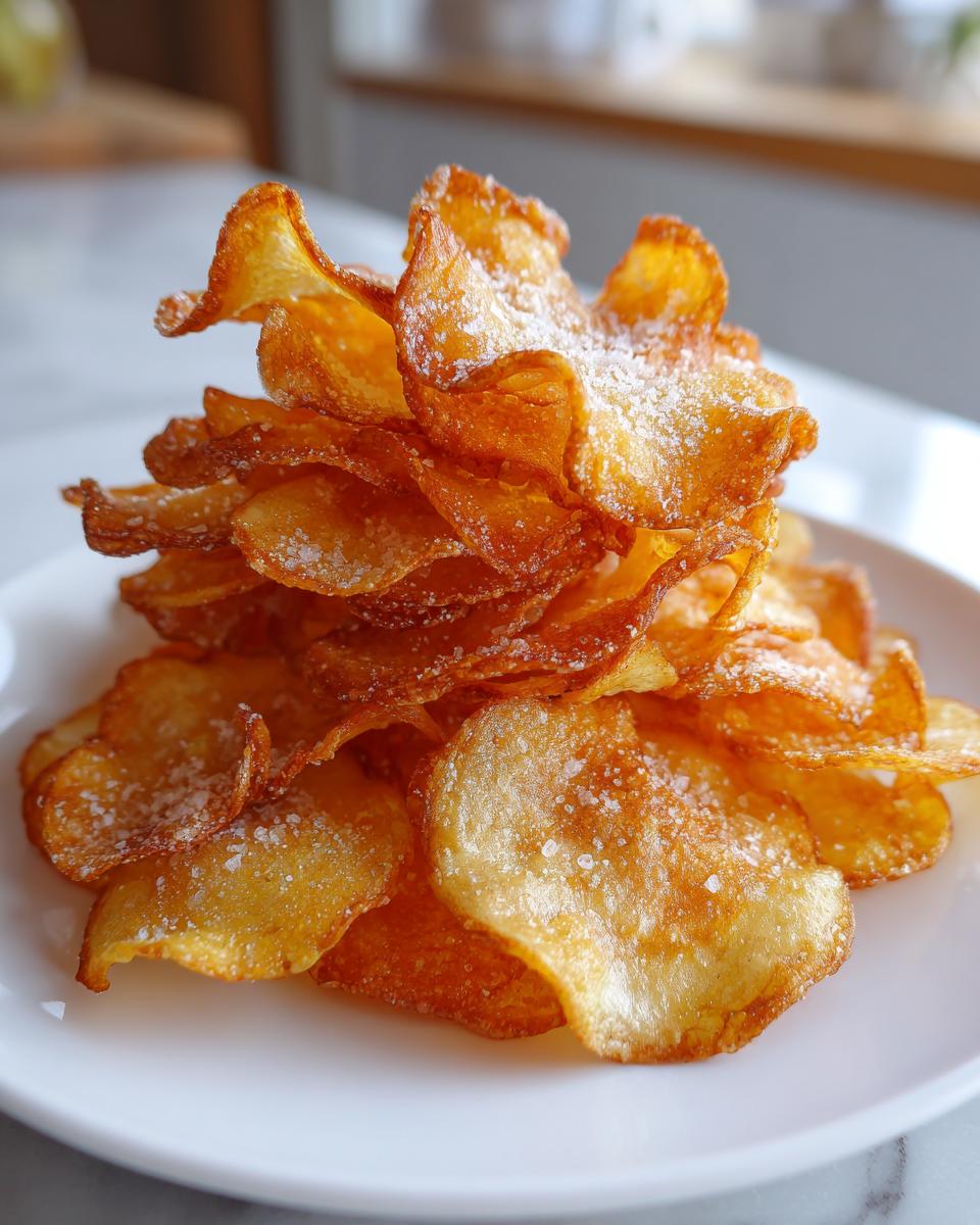 A tall stack of golden brown, wavy homemade potato chips sprinkled with coarse salt on a white plate.
