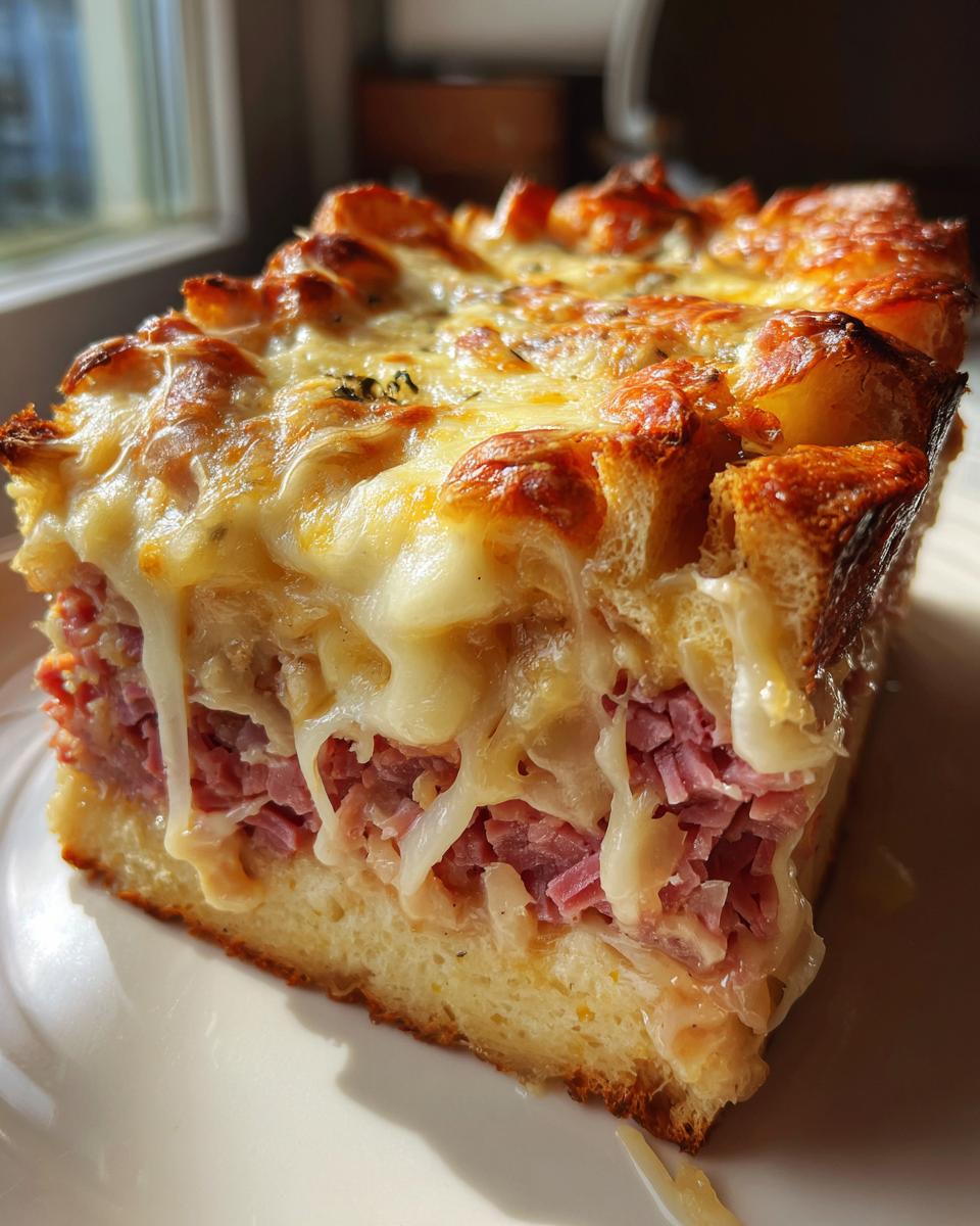 A close-up of a thick slice of homemade reuben bake featuring layers of corned beef and melted Swiss cheese on top.