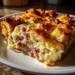 Close-up of a hearty slice of homemade reuben bake showing corned beef, sauerkraut, and melted cheese topping.