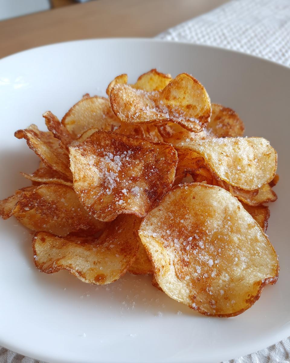 A close-up of freshly made, golden brown potato chips heavily sprinkled with coarse salt, served in a white bowl.