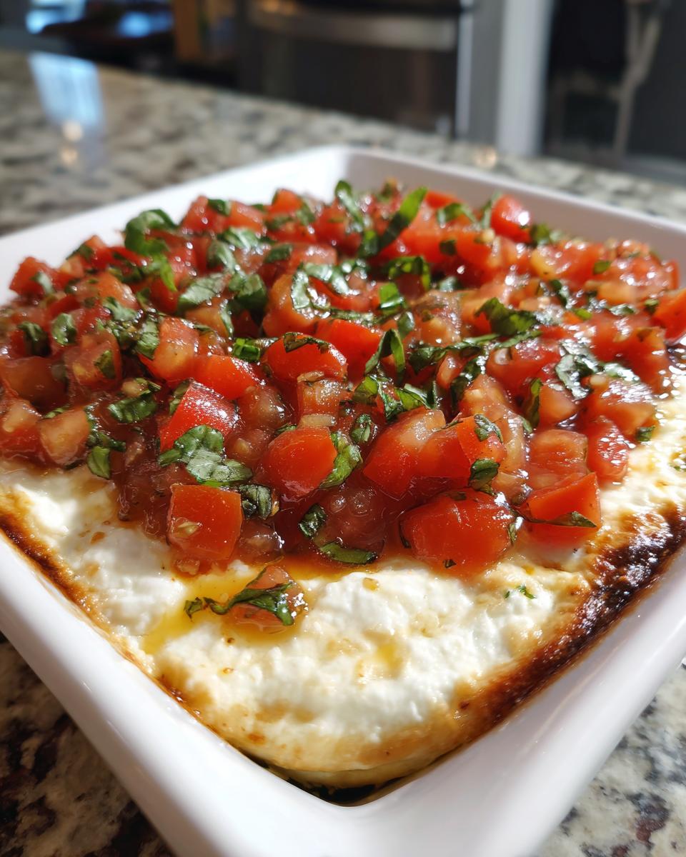 Close-up of a baked bruschetta dip with a creamy white base topped with diced tomatoes and fresh basil.