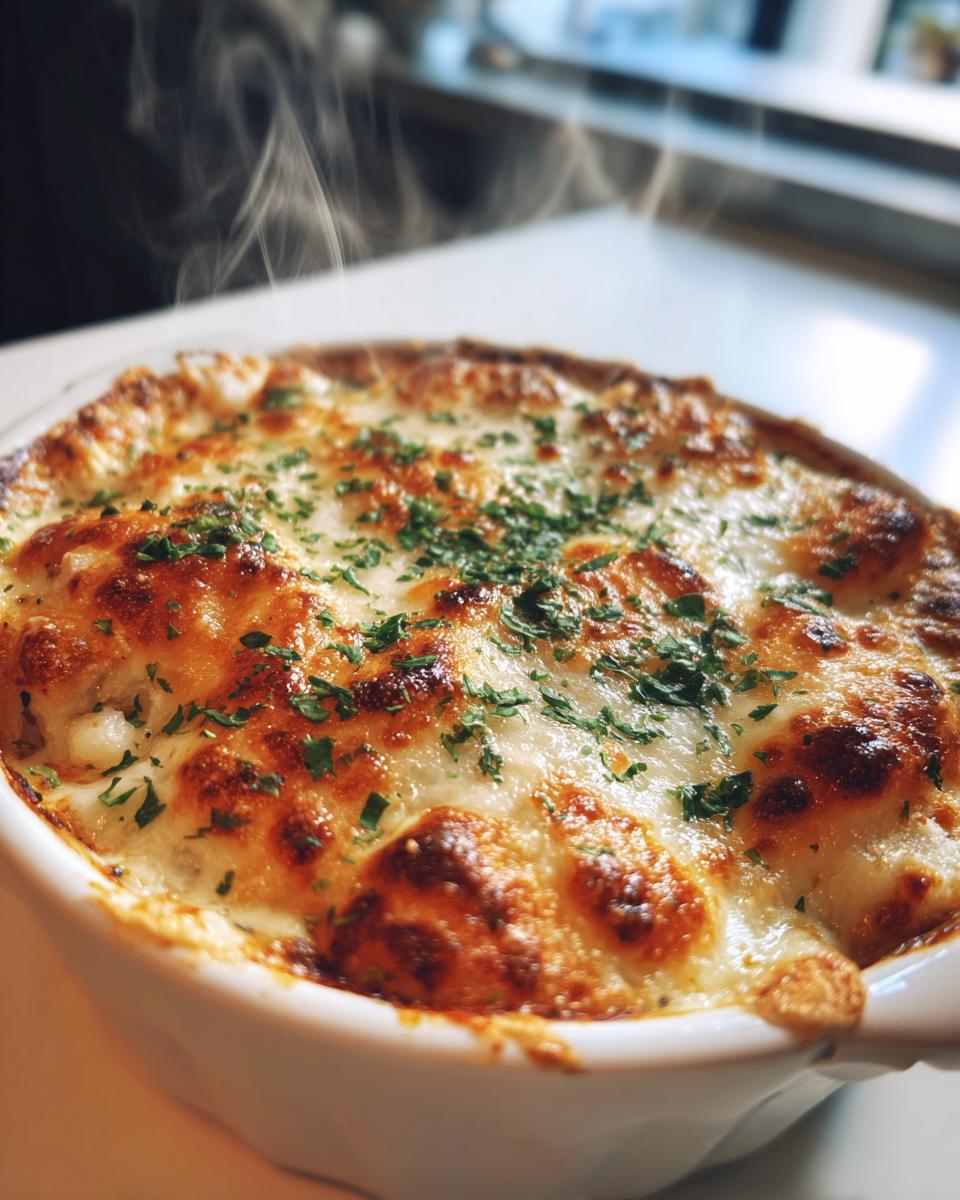 Close-up of a hot, bubbling bread dip topped with melted, browned cheese and fresh parsley, steaming slightly.