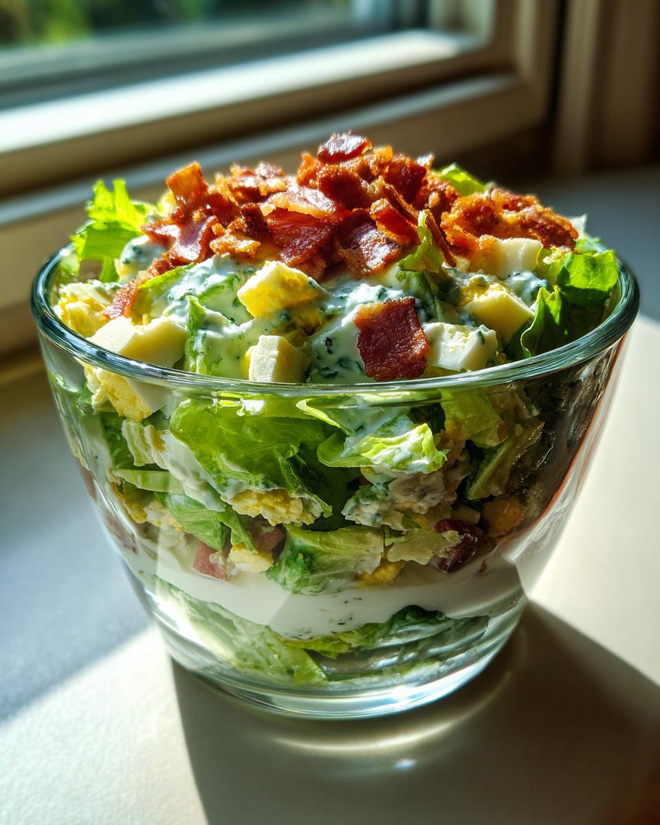 Close-up of a single serving of 7 layer salad in a clear glass bowl, topped with bacon bits and creamy dressing.