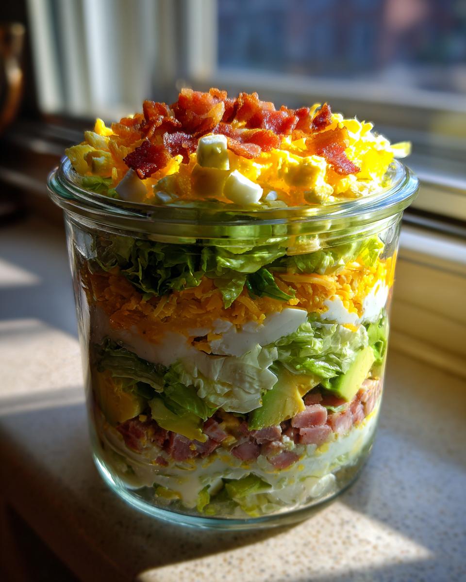 Close-up of a vibrant 7 layer salad layered neatly inside a glass jar, topped with bacon.