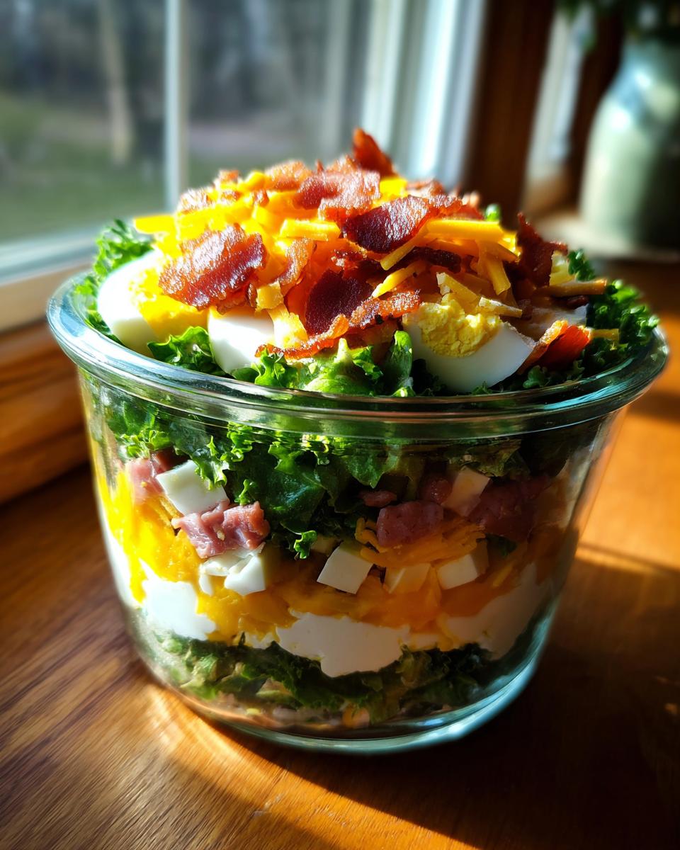 Close-up of an individual serving of 7 layer salad layered in a clear glass jar, topped with bacon and cheese.