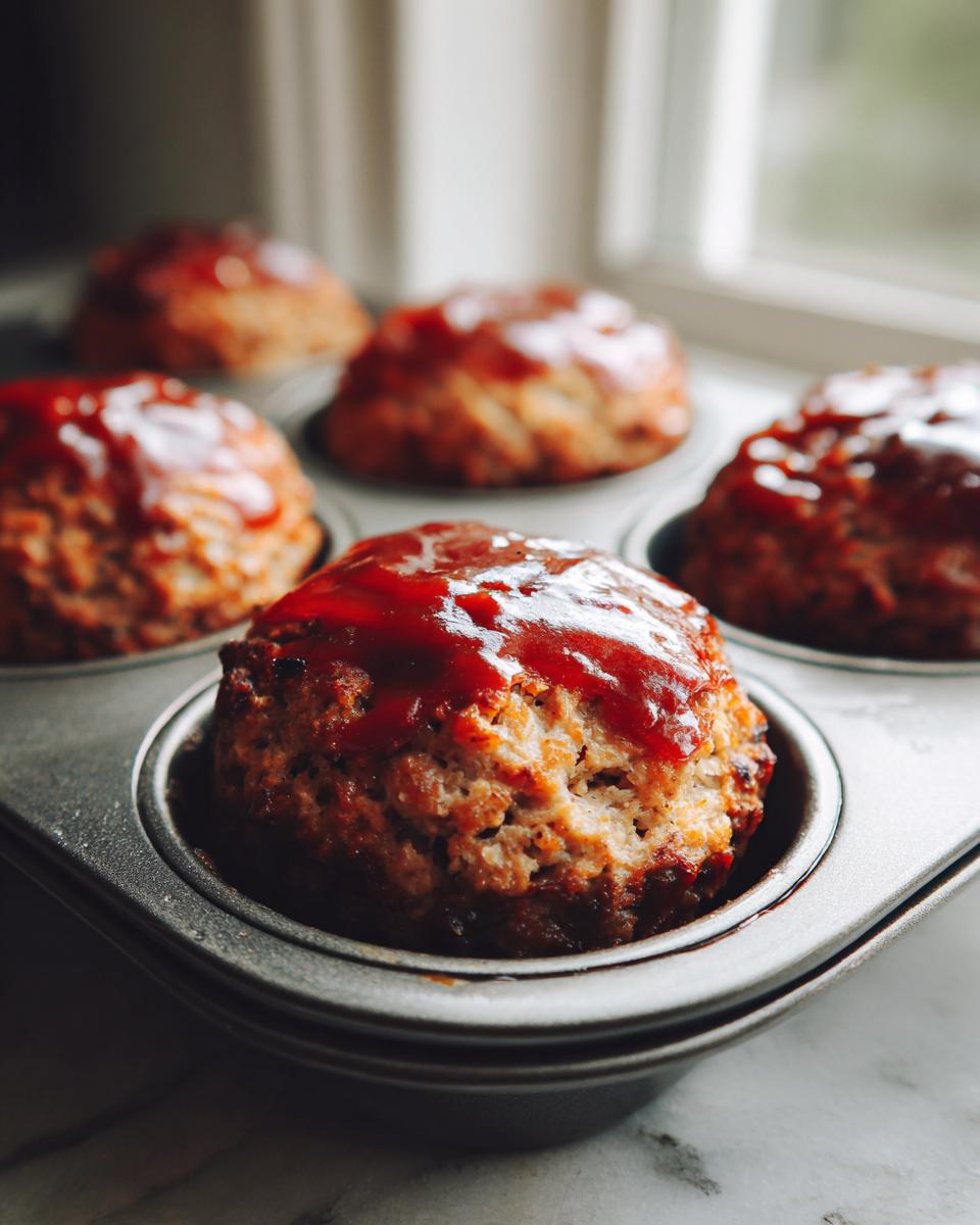 Close-up of a juicy mini meatloaf topped with glaze, sitting in a metal muffin tin.