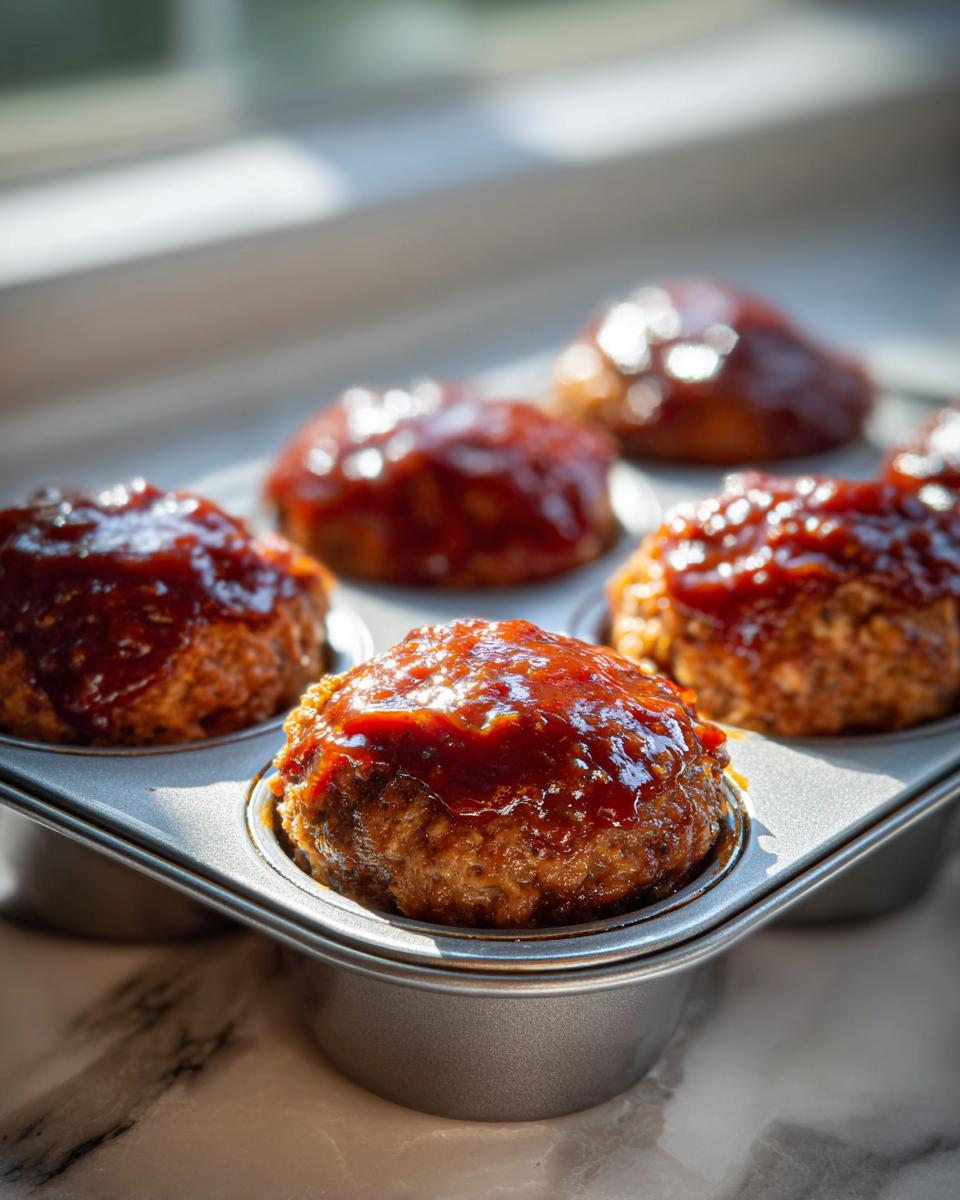 Close-up of several juicy mini meatloaf portions baked in a metal muffin tin, topped with a shiny glaze.
