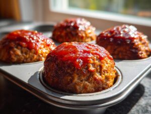 Four perfectly baked mini meatloaf portions topped with shiny red glaze sitting in a metal muffin tin.