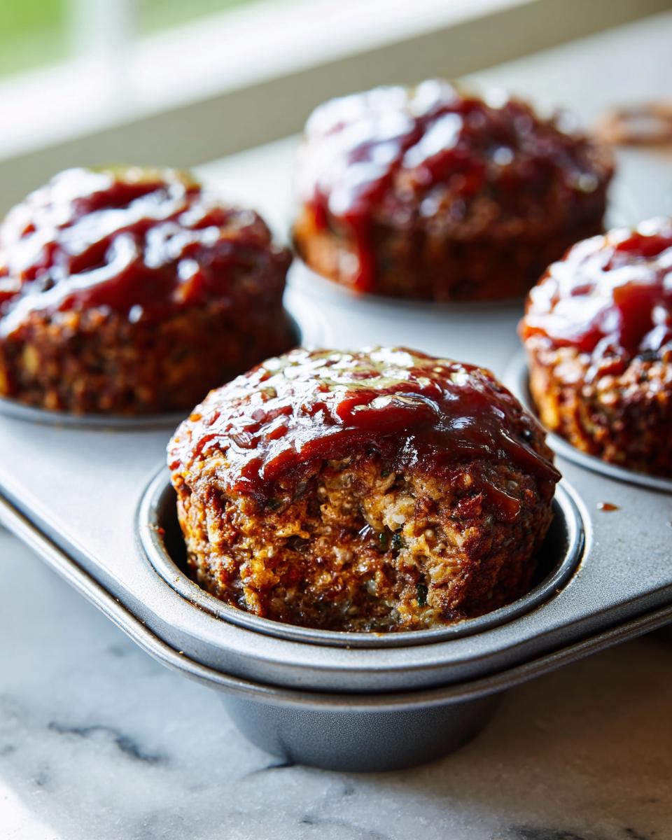 Close-up of a juicy mini meatloaf topped with glaze, sitting in a metal muffin tin.