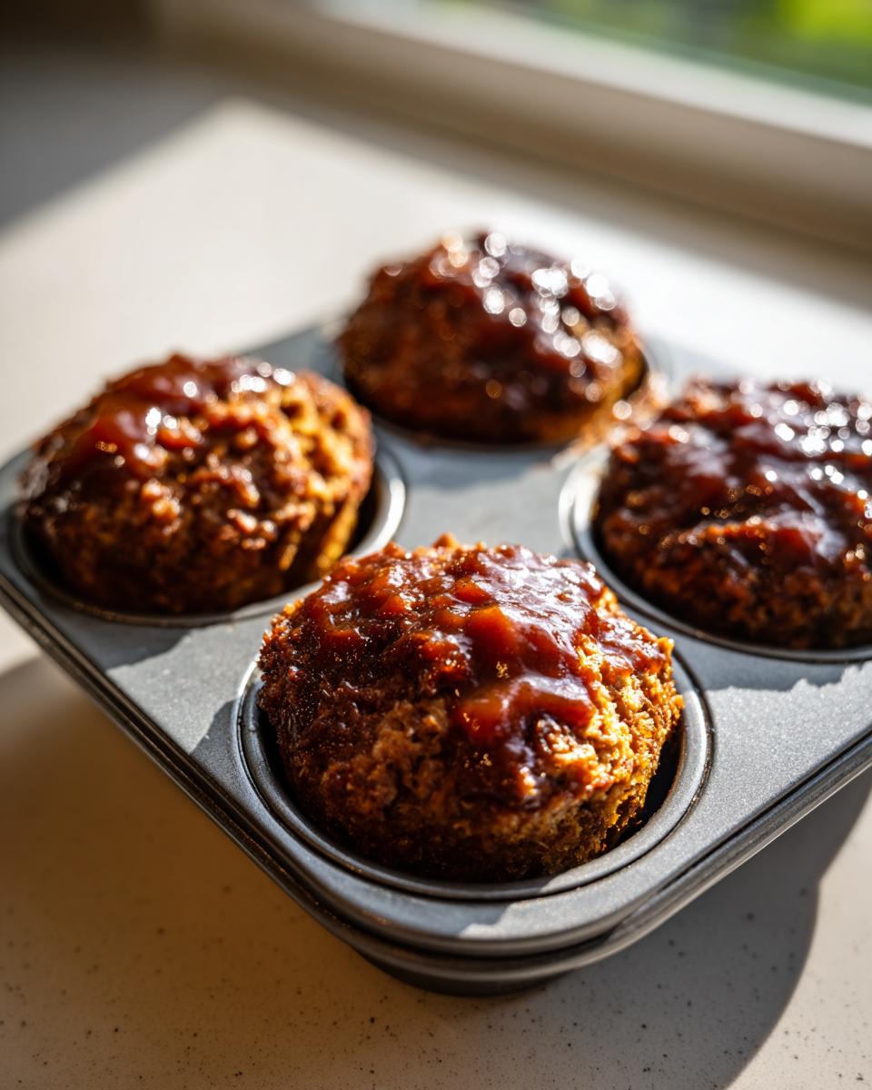 Four freshly baked mini meatloaf portions topped with glaze sitting in a metal muffin tin.