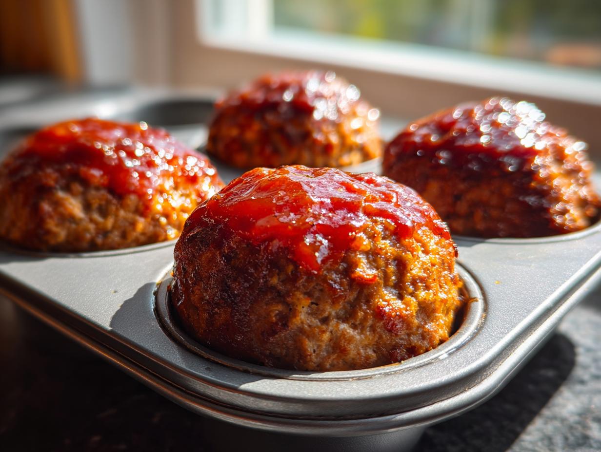 Four perfectly baked mini meatloaf portions topped with shiny red glaze sitting in a metal muffin tin.