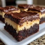 A thick, square piece of layered buckeye brownies showing a dark chocolate base, a creamy peanut butter layer, and a chocolate ganache topping.