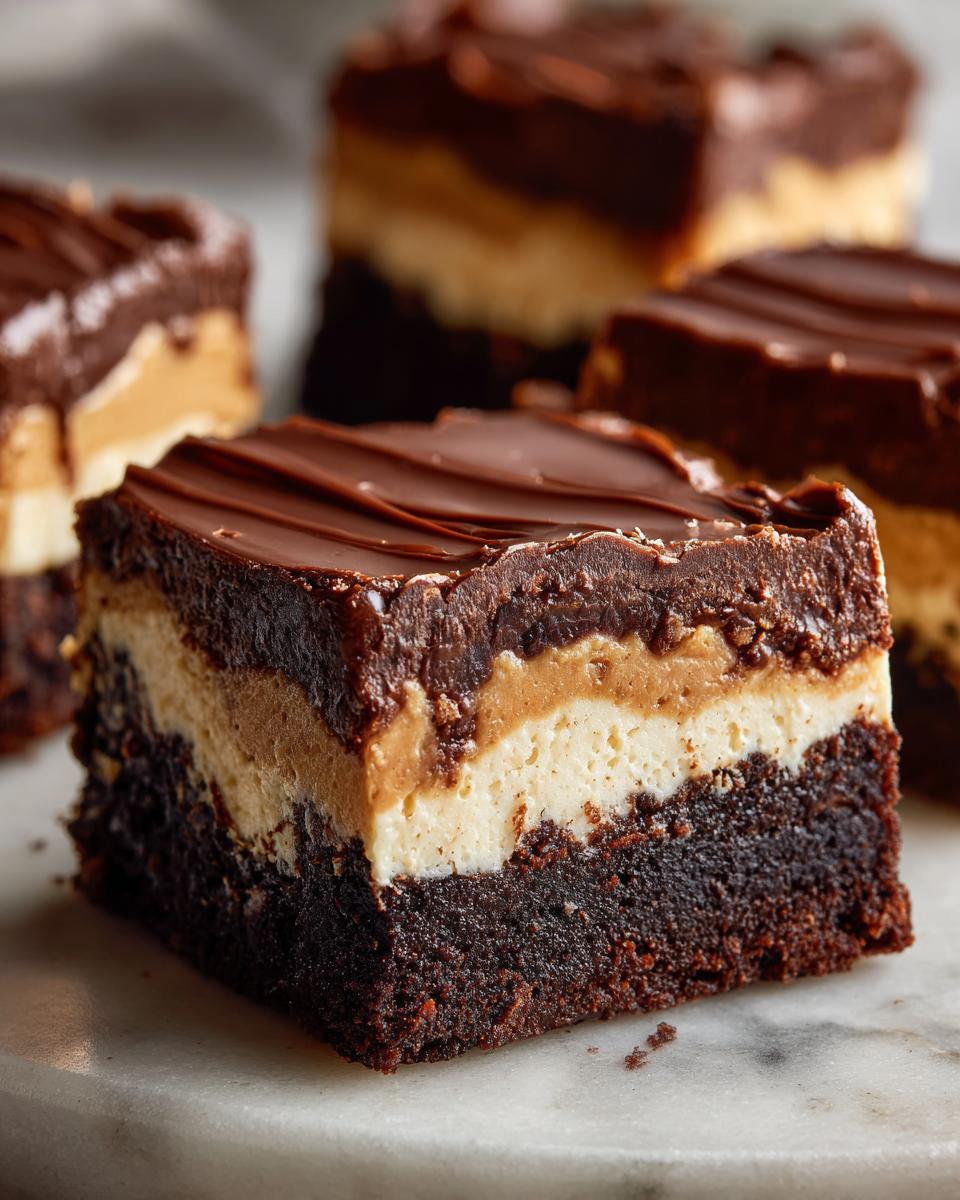 A square of rich, three-layer buckeye brownies featuring a dense chocolate base, peanut butter, and cream cheese layers, topped with chocolate ganache.