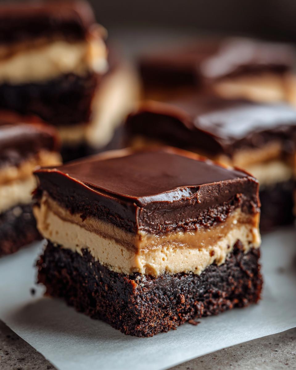 A single, decadent square of buckeye brownies showing three distinct layers: dark chocolate brownie base, peanut butter filling, and chocolate ganache top.