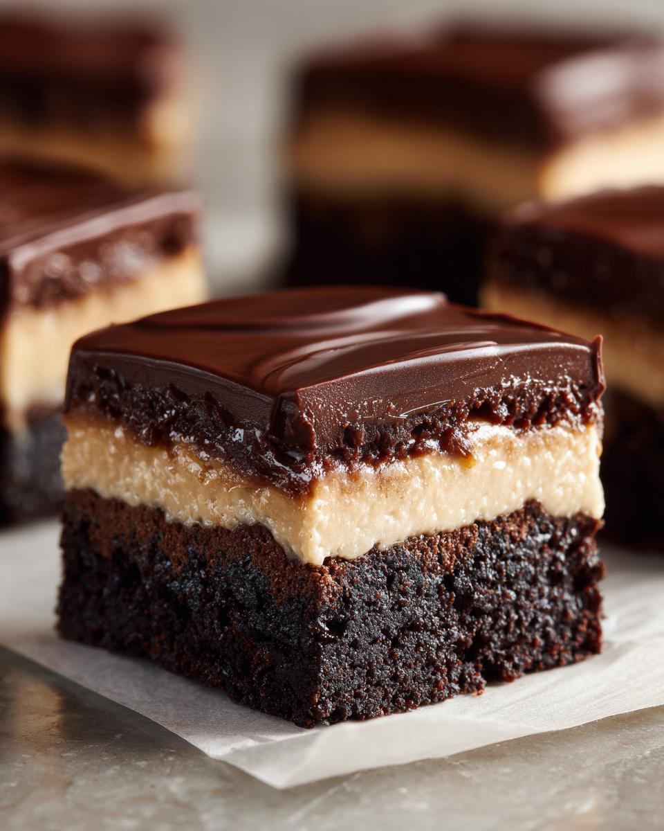 A single, perfect square of three-layer buckeye brownies featuring a dark chocolate base, peanut butter filling, and glossy chocolate topping.