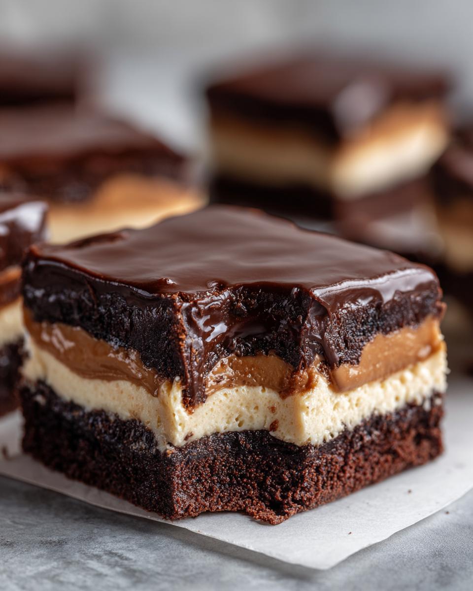 A close-up of a decadent, multi-layered buckeye brownies square showing a dark chocolate base, peanut butter filling, cream layer, and glossy chocolate ganache topping.