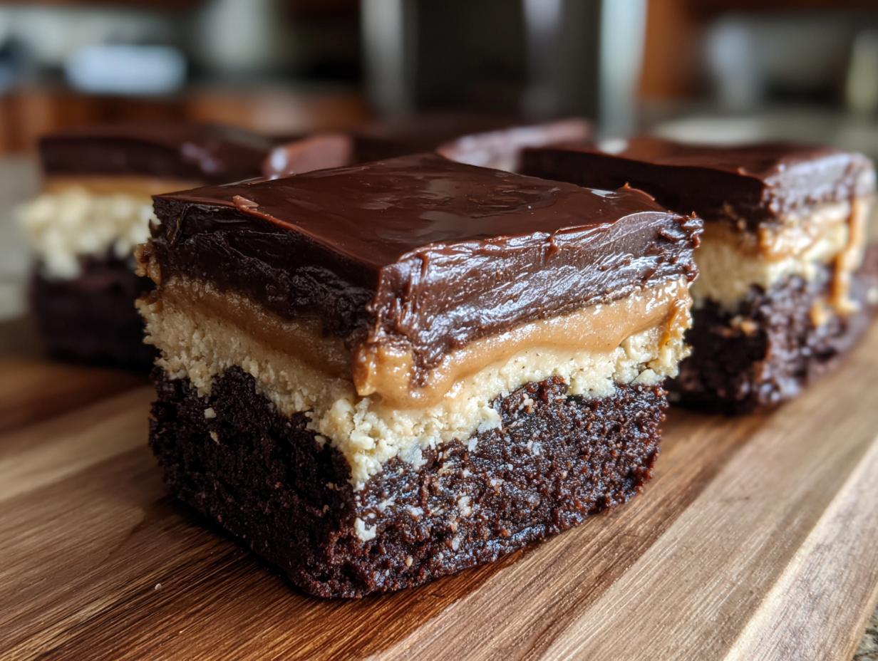 A close-up of a rich, three-layer buckeye brownies square showing the brownie base, peanut butter layer, and chocolate topping.