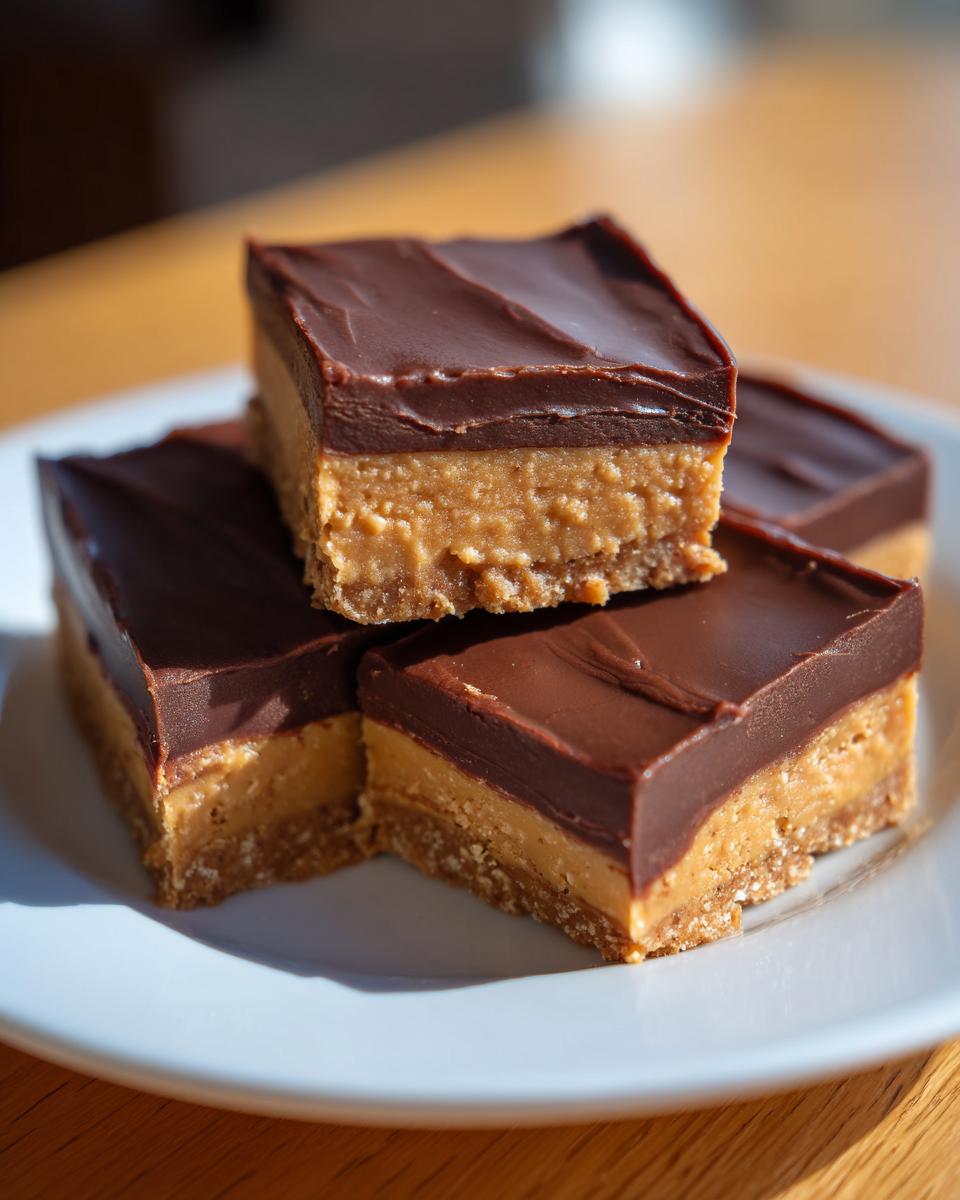 Four squares of layered buckeye fudge, featuring a peanut butter base and thick chocolate topping, stacked on a white plate.