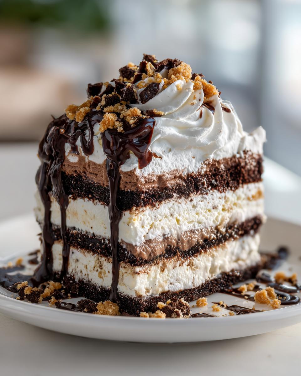 A tall slice of layered chocolate ice cream cake with whipped cream, fudge drizzle, and cookie crumbles.